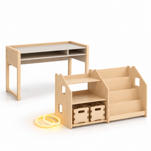 Escritorio, estantería y cajas
